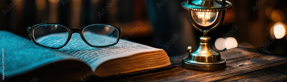 Open Book Spectacles and Old Fashioned Lamp on Wooden Desk for Quiet Study and Reading Time Open Book Spectacles and Old Fashioned Lamp on Wooden Desk for Quiet Study and Reading Time