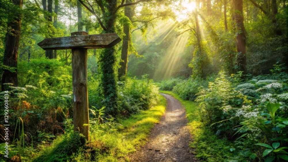 Sunlit Path Through a Lush Forest with a Wooden Signpost Guiding the Way Sunlit Path Through a Lush Forest with a Wooden Signpost Guiding the Way