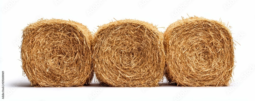 Golden Hay Bales Rolled in Rows Ready for Autumn Harvest Preparation Isolated Close Up Studio Shot Golden Hay Bales Rolled in Rows Ready for Autumn Harvest Preparation Isolated Close Up Studio Shot