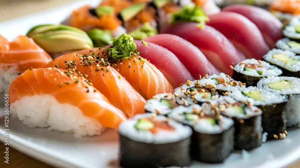 salmon and tuna sushi platter with avocado rolls raw food meal rice maki fresh plate tasty salmon and tuna sushi platter with avocado rolls raw food meal rice maki fresh plate tasty