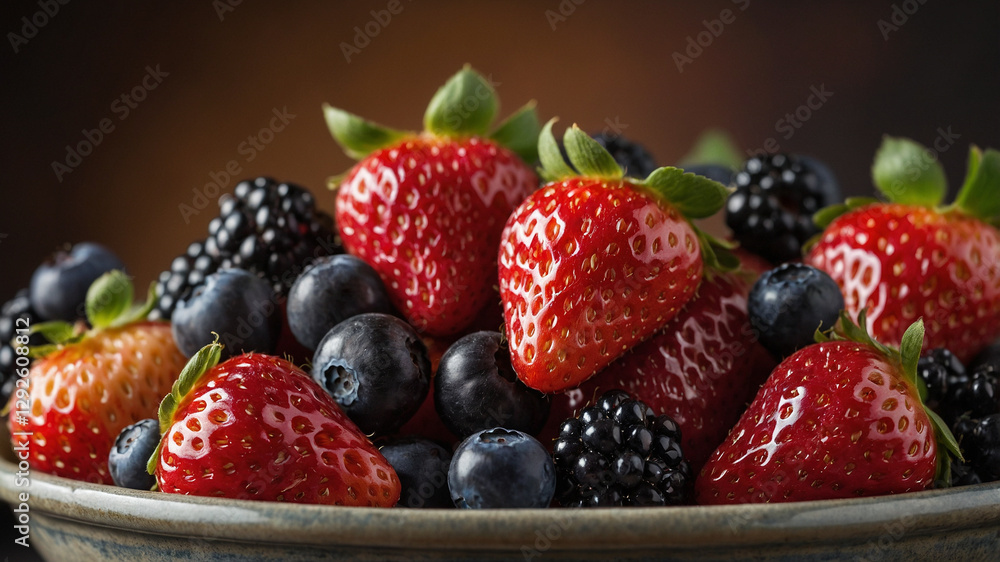 A mesmerizing close-up of fresh strawberries, blueberries, raspberries, and blackberries artfully arranged in a ceramic bowl in a professional studio setting A mesmerizing close-up of fresh strawberries, blueberries, raspberries, and blackberries artfully arranged in a ceramic bowl in a professional studio setting