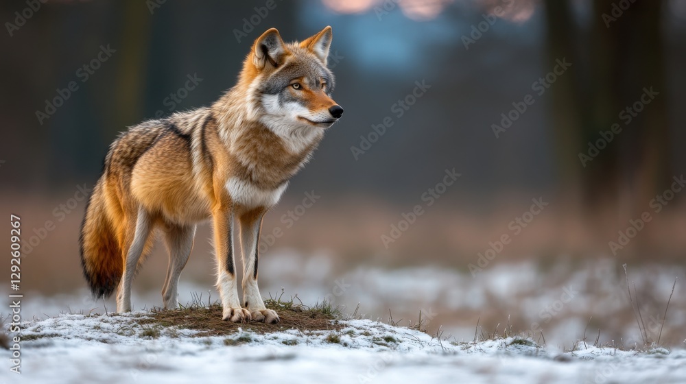 Fototapeta premium Majestic Coyote Standing on Snowy Ground at Dusk in Nature