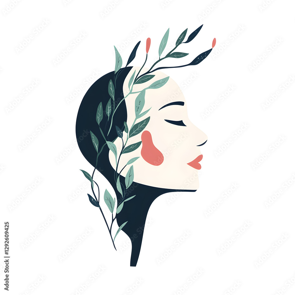 A modern logo featuring a clean silhouette of a face made from flowing lines with plants growing around it A modern logo featuring a clean silhouette of a face made from flowing lines with plants growing around it