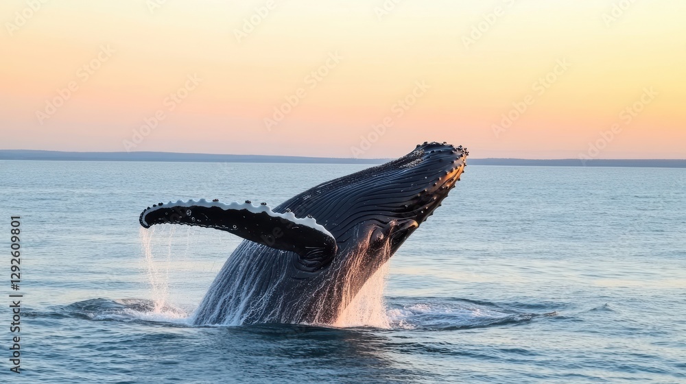 Fototapeta premium Majestic Humpback Whale Breaching Above Calm Ocean at Sunset