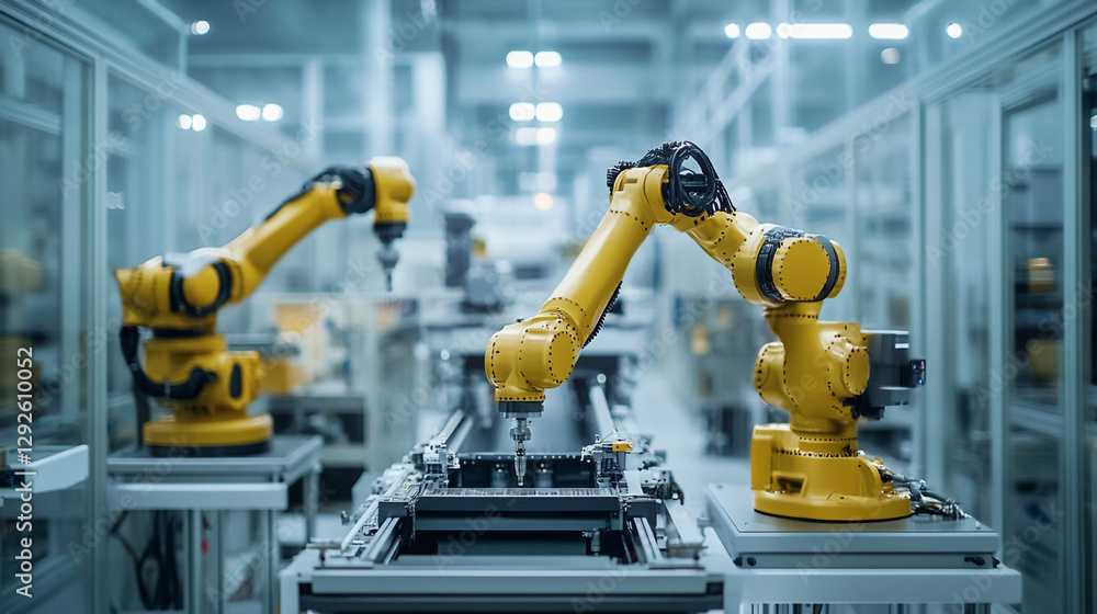Fototapeta premium Modern industrial robotic arms automation factory technology line work metal smart future system
