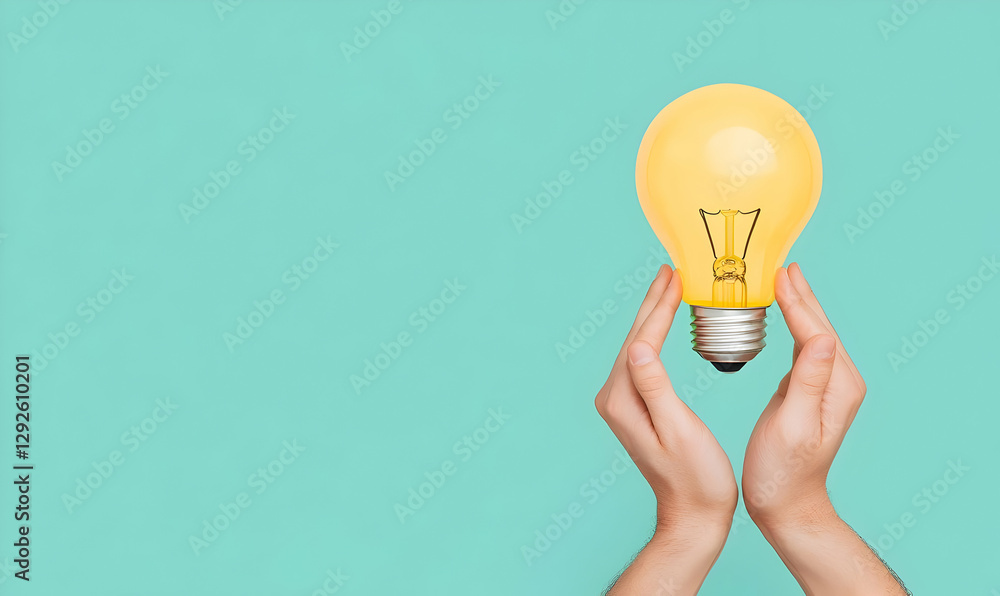 Hands Holding a Bright Light Bulb Against a Turquoise Background Hands Holding a Bright Light Bulb Against a Turquoise Background
