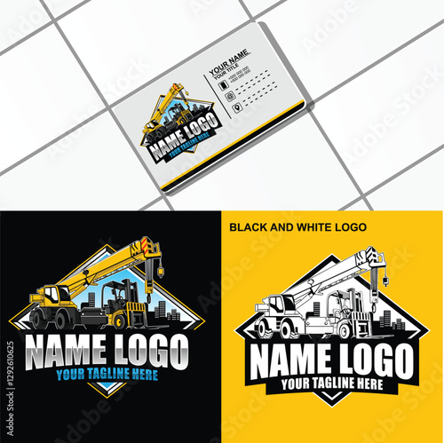 Heavy equipment rental logo. Heavy equipment training logo. Crane and forklift logo design vector template. Forklift company ready made emblem badge logo vector