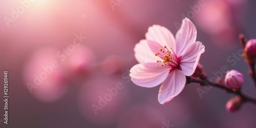 Wallpaper Mural A delicate pink blossom unfolds in soft sunlight, showcasing its intricate details against a blurred backdrop of similar flowers, creating a serene and beautiful springtime scene. Torontodigital.ca