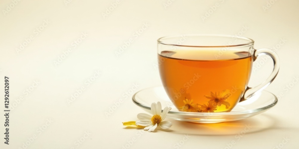 Aromatic herbal tea in a clear glass cup with chamomile flowers on a saucer Aromatic herbal tea in a clear glass cup with chamomile flowers on a saucer