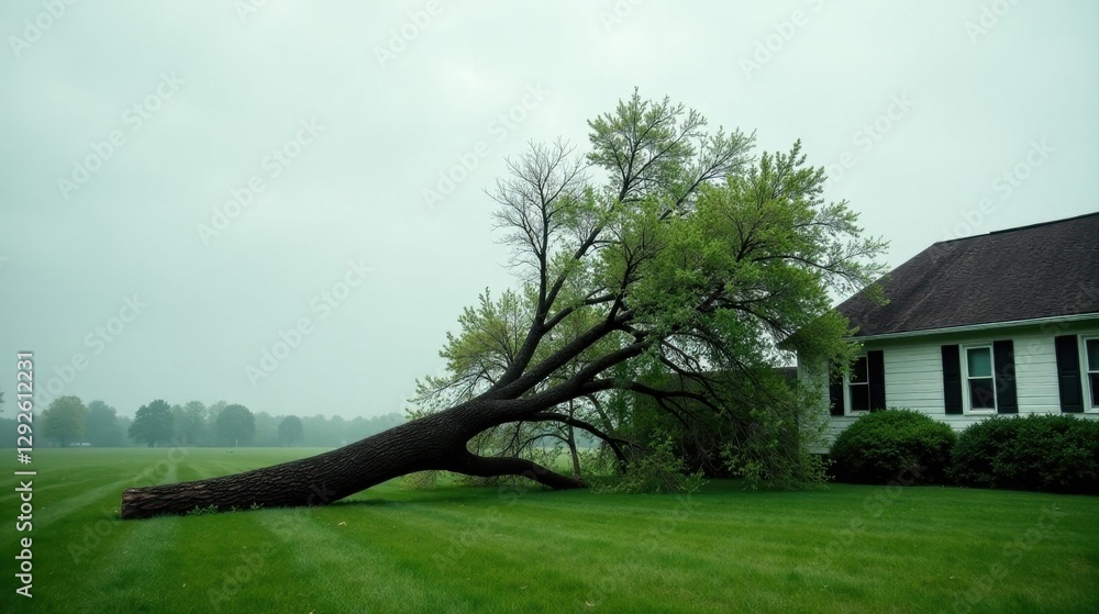 Fallen Tree Leans Against a House on a Cloudy Day in a Lush Green Field Fallen Tree Leans Against a House on a Cloudy Day in a Lush Green Field