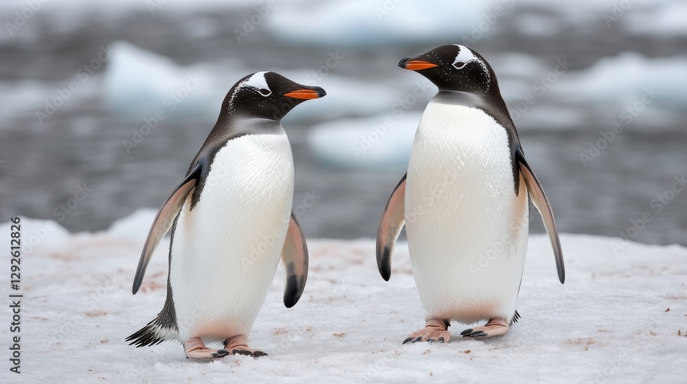 Obraz premium Two Gentoo Penguins on an Icy Shore in Antarctica Landscape