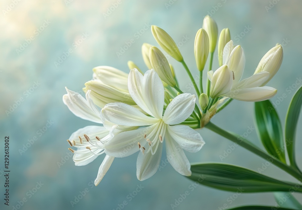 Obraz premium Delicate white lily blossoms with soft green background showcasing elegant petals and gentle budding flowers in a serene floral composition