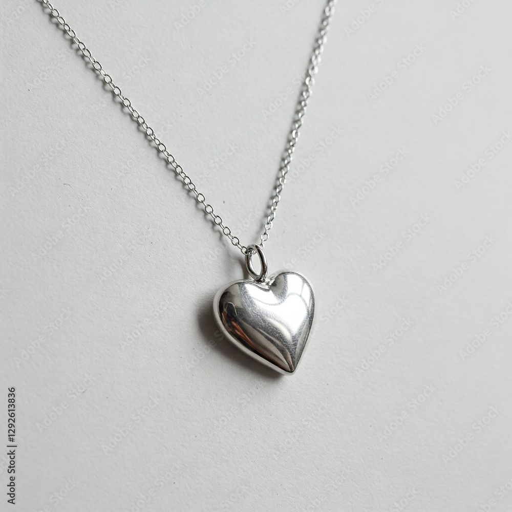 A silver heart necklace against a white background. A silver heart necklace against a white background.