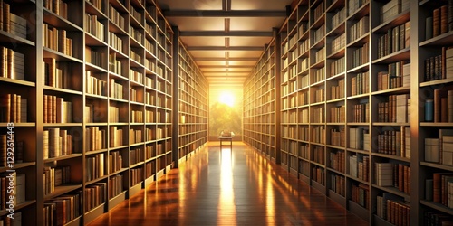 Wallpaper Mural Sunlit Library Corridor Rows of Bookshelves Filled with Volumes, Leading to a Serene Window View Torontodigital.ca