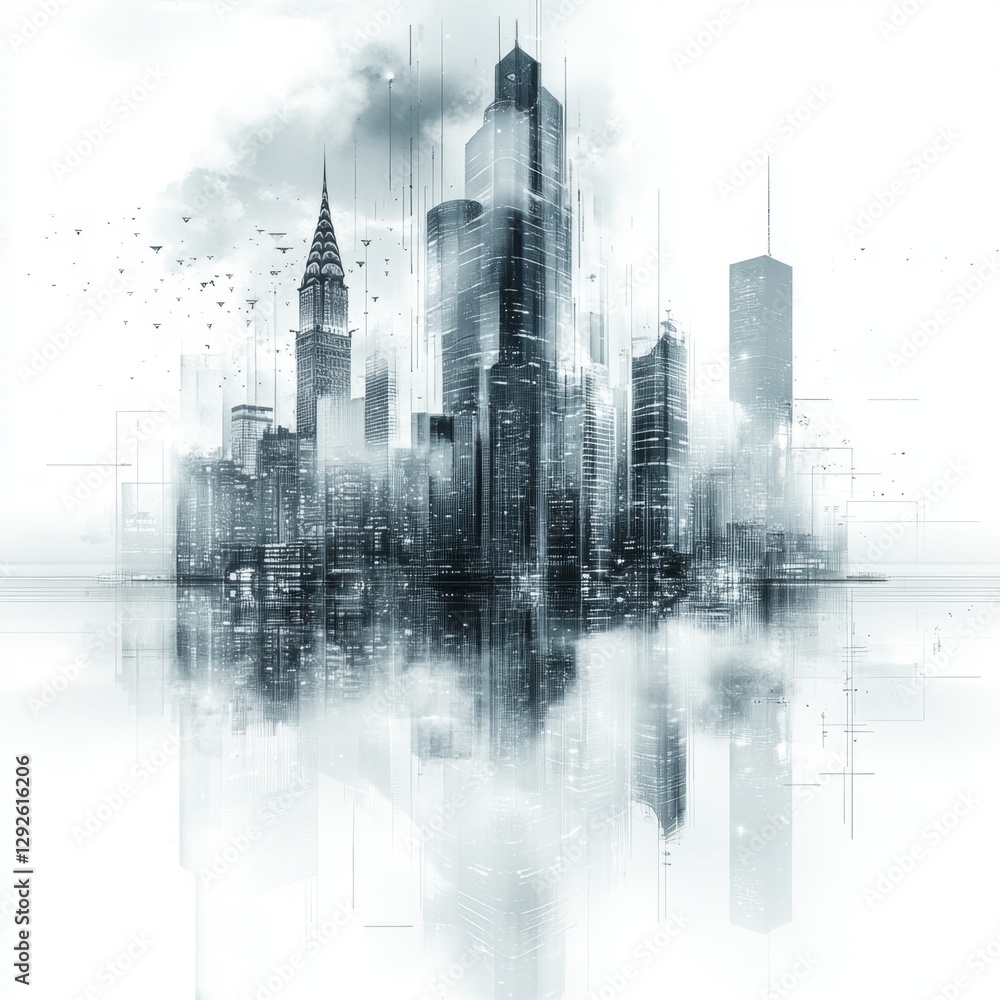 Fototapeta premium Futuristic Cityscape with Reflections and Abstract Elements Depicting Modern Architecture in a Cloudy Atmosphere