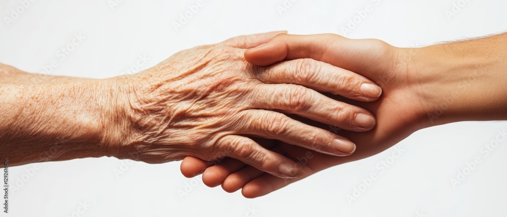 Fototapeta premium Older Wrinkled Hand & Youthful Hand: Generational Care