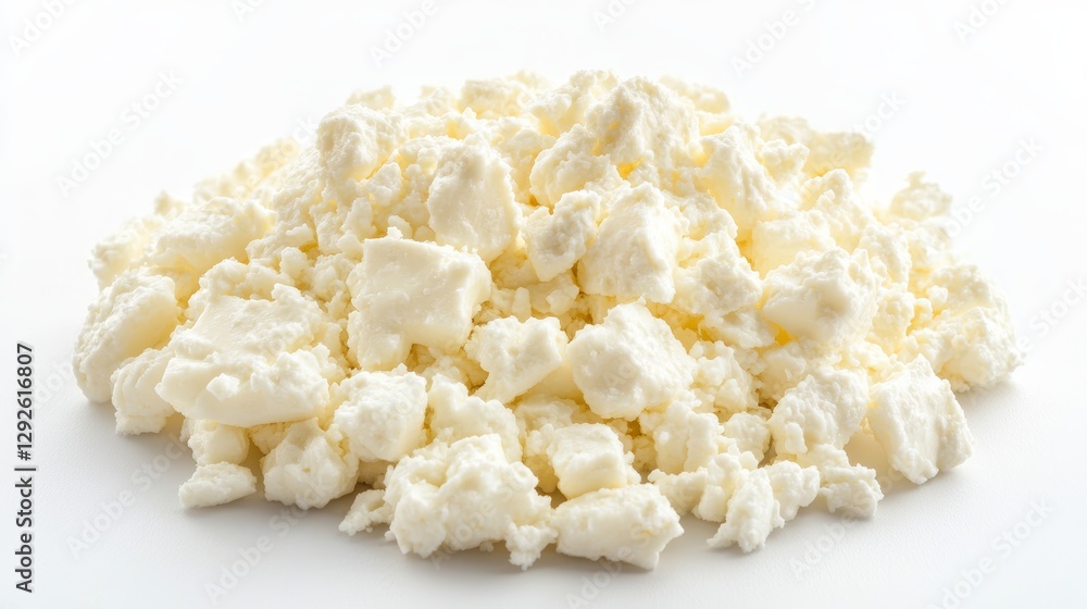 Crumbled feta cheese pile on white Crumbled feta cheese pile on white