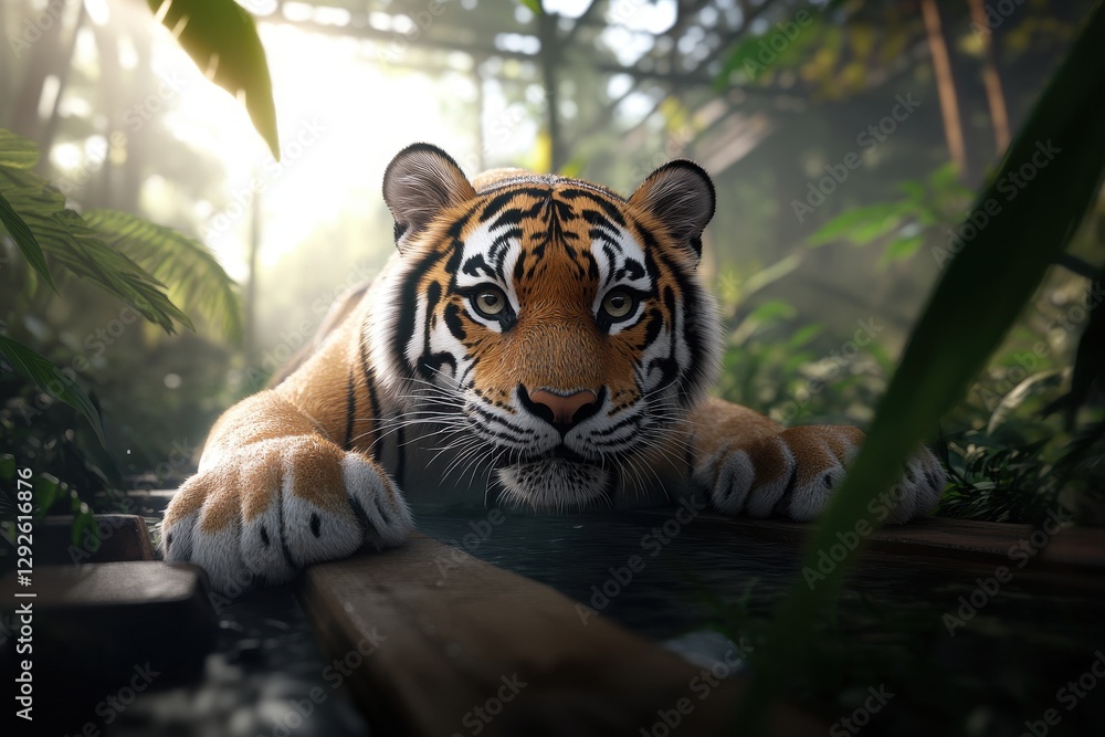 Obraz premium Majestic Tiger Prowling in Lush Green Jungle Environment
