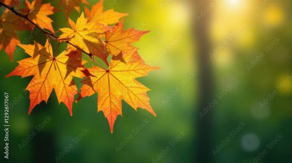 Autumn's Golden Embrace Sunlit Maple Leaves on Branch Against Soft Green Background Autumn's Golden Embrace Sunlit Maple Leaves on Branch Against Soft Green Background