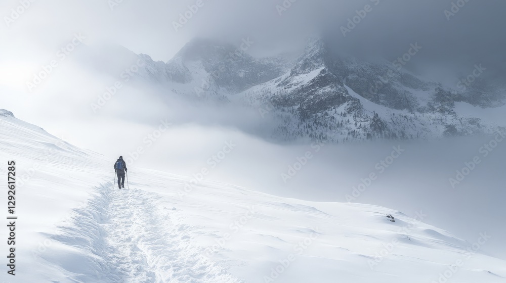 Snow-covered mountain path with a lone hiker trekking through the winter wilderness, crisp and serene atmosphere Snow-covered mountain path with a lone hiker trekking through the winter wilderness, crisp and serene atmosphere