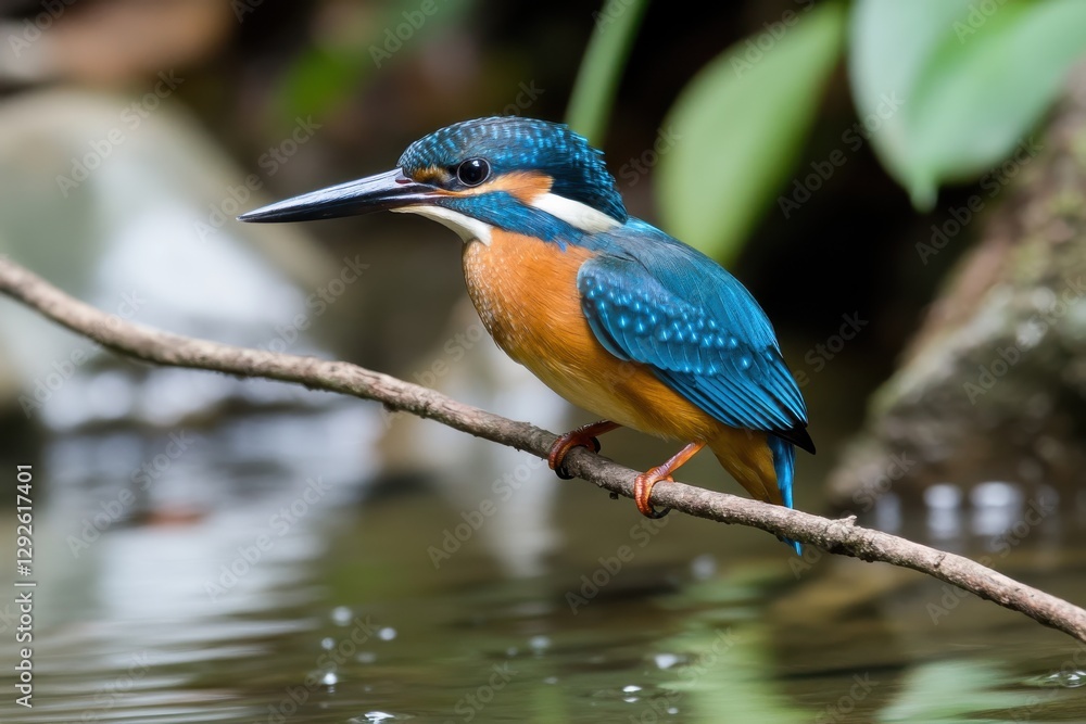 Vibrant Blue and Orange Bird Perched on Branch Near Water Vibrant Blue and Orange Bird Perched on Branch Near Water