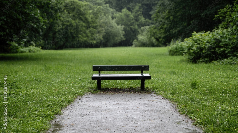 Empty park bench on a rainy day; tranquil scene; suitable for relaxation, contemplation, or nature photography Empty park bench on a rainy day; tranquil scene; suitable for relaxation, contemplation, or nature photography