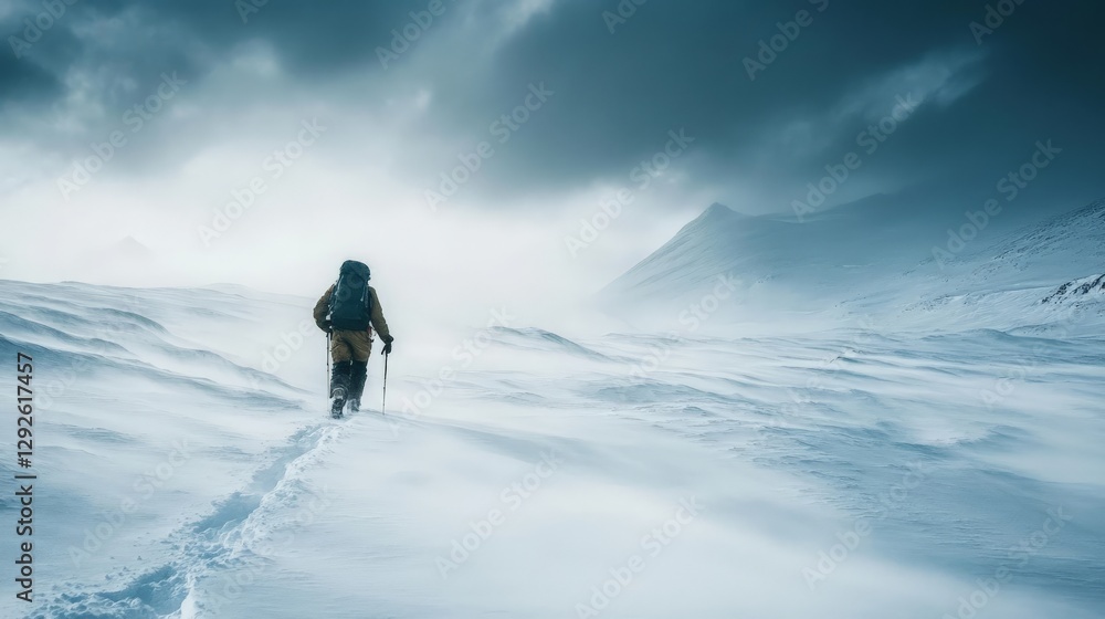 Naklejka premium Snowstorm approaching as a lone trekker battles through icy winds, epic winter expedition