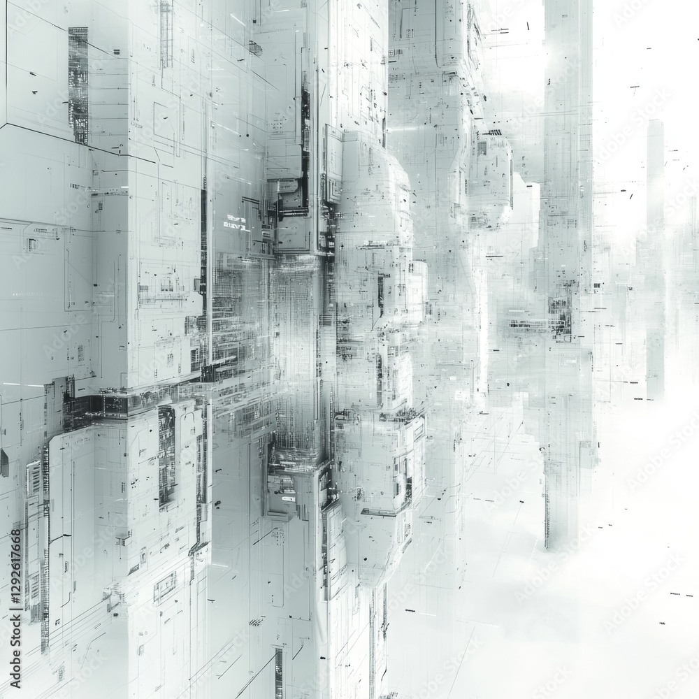 Obraz premium Abstract futuristic cityscape with intricate patterns, digital structures, and ethereal lighting creating a sci-fi atmosphere in a modern design