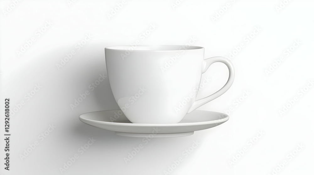 Minimalist White Coffee Cup and Saucer Against Neutral Background Minimalist White Coffee Cup and Saucer Against Neutral Background