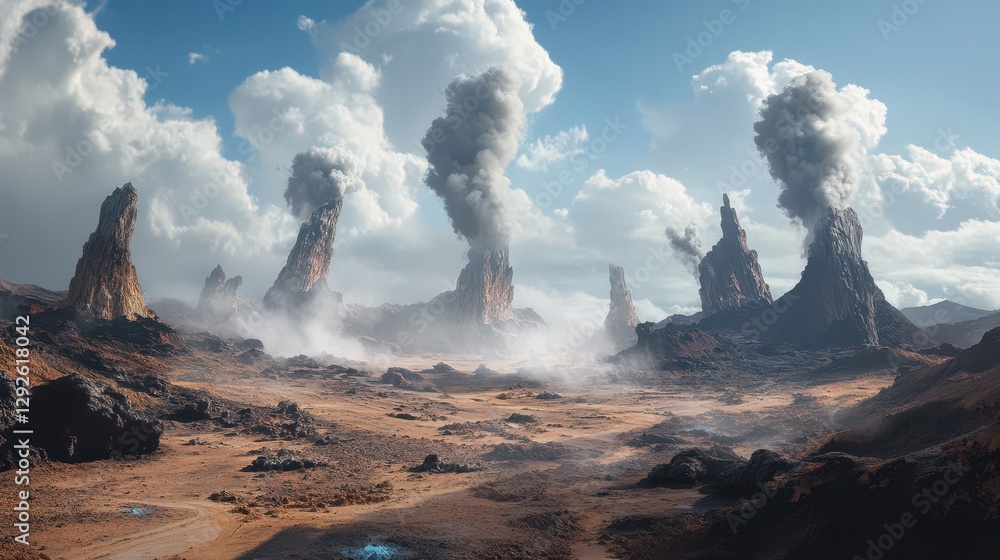 Fototapeta premium Alien Planet Landscape With Smoking Volcanic Peaks