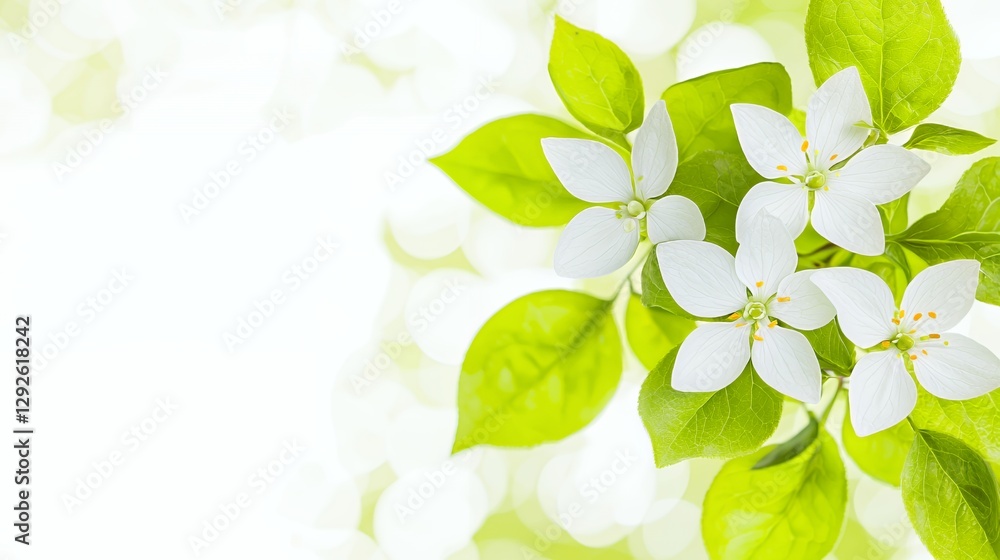 White Blossoms and Green Leaves on Soft Focus Background White Blossoms and Green Leaves on Soft Focus Background