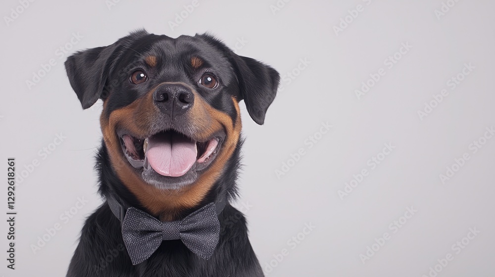Obraz premium Happy Rottweiler Dog Wearing Bow Tie Against Gray Background. Possible use Stock photo for pet care, animal themes, or cute animals