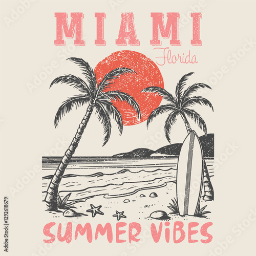 Surfing Miami. palm tree. sunset vibes. Miami Florida T-shirt Vector Graphic. T-shirt design, graphics, stamp, label, typography. summer beach sunshine vector print design artwork, posters and other