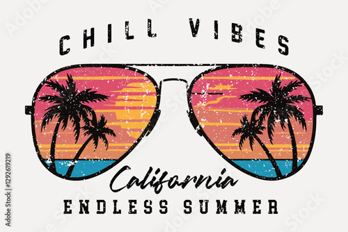 Chill Vibes. California, Endless summer vector design. Surfing club artwork. Palm tree vector design. Retro summer beach design for apparel and others. Beach vibes artwork. long beach California.