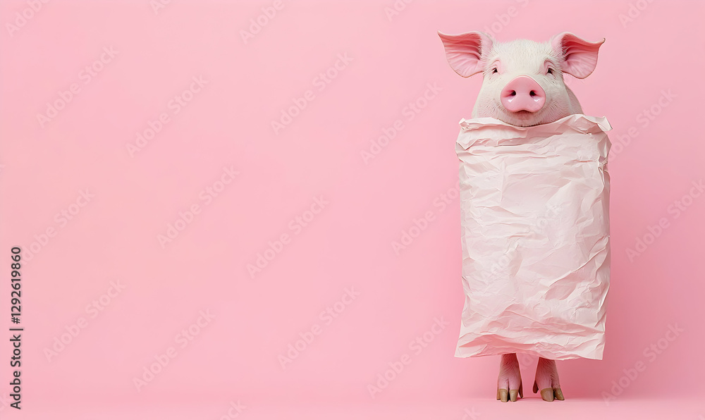 Cute Piglet Posing with Wrapping Paper on Soft Pink Background Cute Piglet Posing with Wrapping Paper on Soft Pink Background