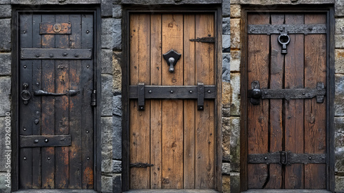 Medieval wooden doors in old house, castle or dungeon. Vector cartoon set of game icons of ancient wood gates with stone brick wall closed by padlock, hasp and chains isolated on white background