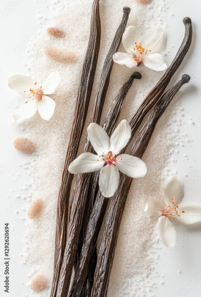 Fototapeta premium Elegant Arrangement of Vanilla Beans, White Flowers, and Sugar Crystals on a Bright Surface for Culinary and Aromatic Inspiration