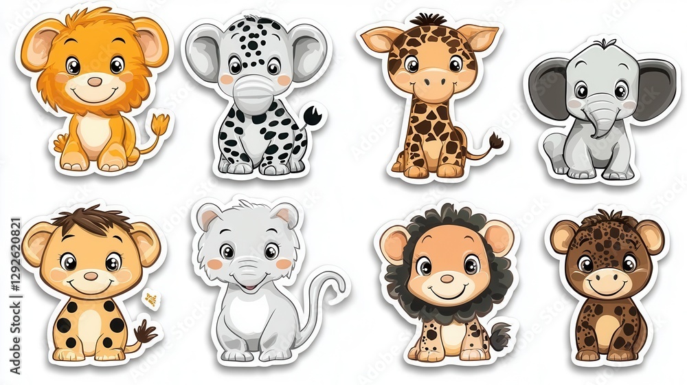 Obraz premium Cute cartoon animals including lions, elephants, and giraffes on white isolated background.