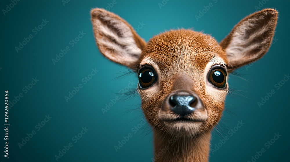 Fototapeta premium Cute fawn portrait, teal background, wildlife, nature