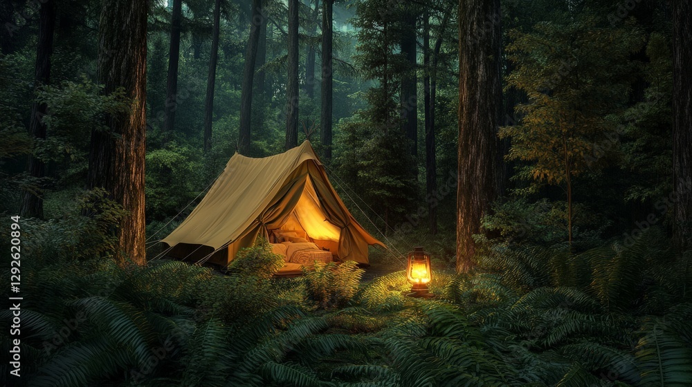 Warm lantern light glowing inside a tent, surrounded by lush ferns and towering trees Warm lantern light glowing inside a tent, surrounded by lush ferns and towering trees