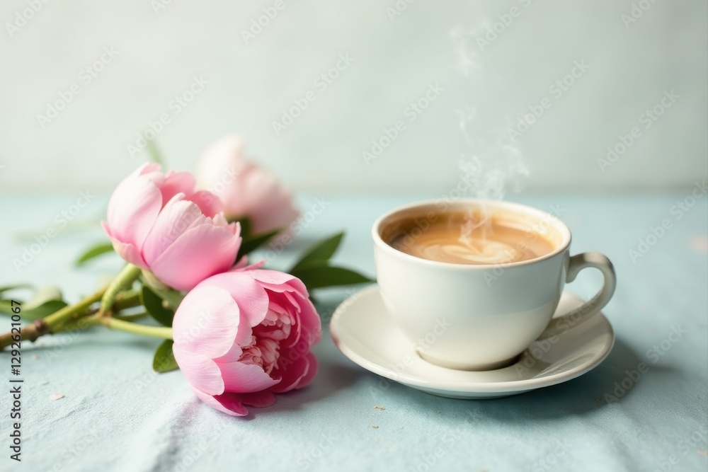 Aromatic Coffee and Delicate Pink Peonies on a Soft Blue Surface Aromatic Coffee and Delicate Pink Peonies on a Soft Blue Surface