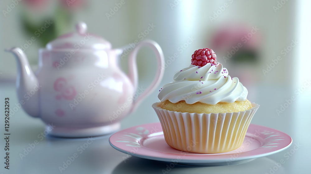 Delicate pastel cupcakes adorned with whimsical frosting and sparkling accents, arranged on a light blue tabletop with a hint of pink and a charming tea pot in the background Delicate pastel cupcakes adorned with whimsical frosting and sparkling accents, arranged on a light blue tabletop with a hint of pink and a charming tea pot in the background