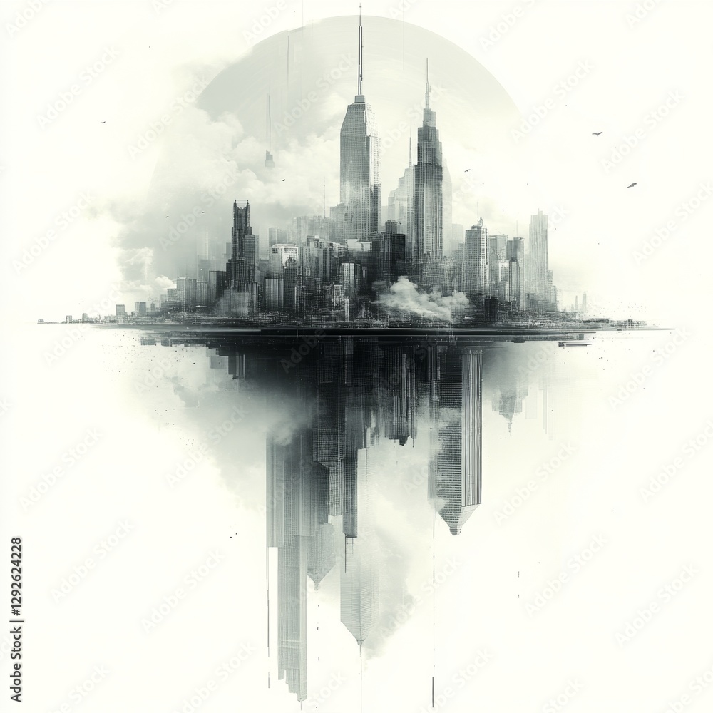Fototapeta premium Abstract city skyline silhouette with towering buildings reflected in calm waters under a misty sky, creating a dreamlike urban landscape