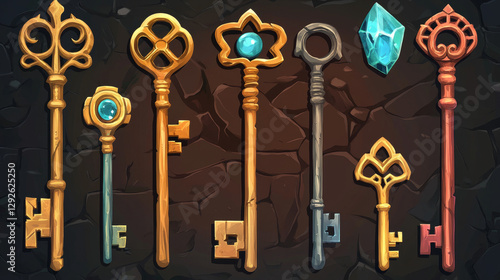 Wallpaper Mural Set of keys made of wood, gold, silver and stone isolated on dark background. Cartoon vector illustration of different rank trophies. Collection of game props, level awards. Gui design elements Torontodigital.ca