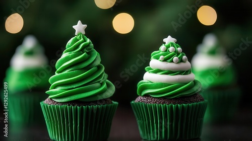 Festive green cupcakes with tree-shaped frosting, perfect for holiday celebrations.