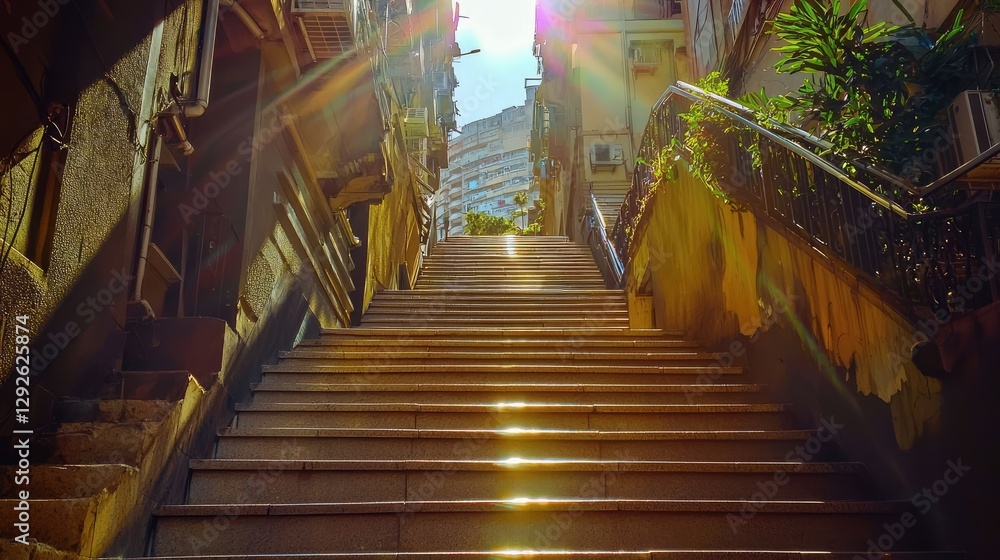 Obraz premium Long staircase in a city illuminated by bright sunlight