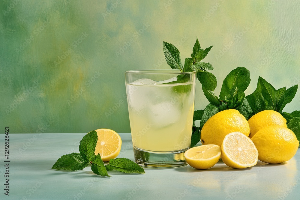 Fototapeta premium Refreshing Lemonade With Mint And Lemon Slices On Teal Background