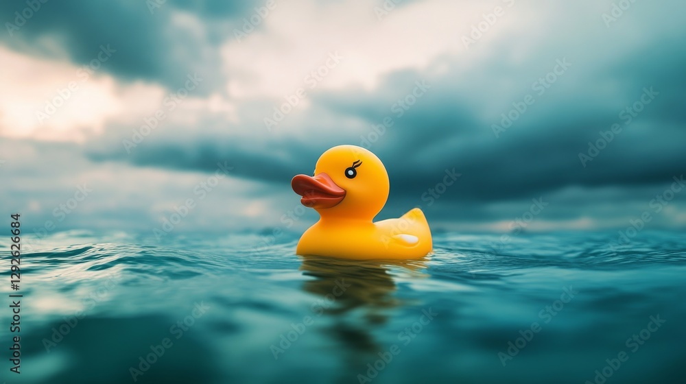 Yellow rubber duck floating on a stormy ocean under cloudy sky, whimsical children's toy at sea. Imagination and adventure concept Yellow rubber duck floating on a stormy ocean under cloudy sky, whimsical children's toy at sea. Imagination and adventure concept