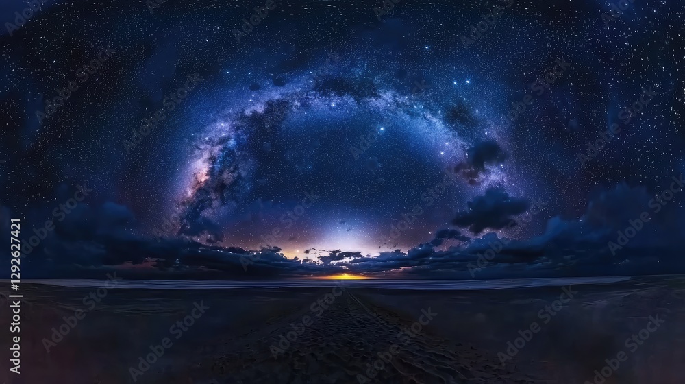 Panoramic nightscape displaying the milky way over a tranquil beach Panoramic nightscape displaying the milky way over a tranquil beach