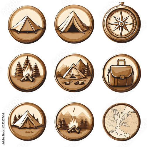 Set of Camping Icons in Vintage Style with Camping Gear and Natural Elements photo